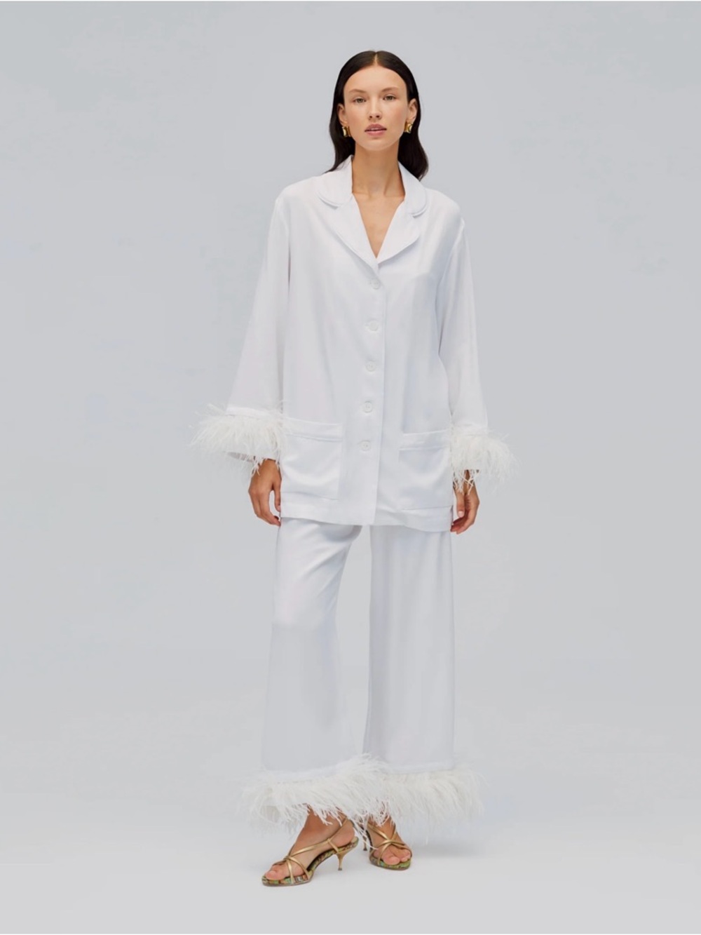 Sleeper White Satin Feather-Trim Pajama Set